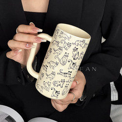 Casual Round Cat Cup Couple Breakfast Cup Mug Girl Cute Cartoon Large Capacity Cup Ceramic Coffee Cup