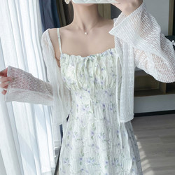 Floral Suspender Dress for Women, Summer French Style Petite Long Dress, Beach Vacation Dress, Cardigan Two-Piece Suit Dress