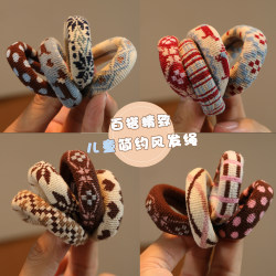 Children's Retro Fair Isle Style Thickened Towel Hair Tie for Girls, High Elasticity Ponytail Holder, Versatile and Durable Elastic Band