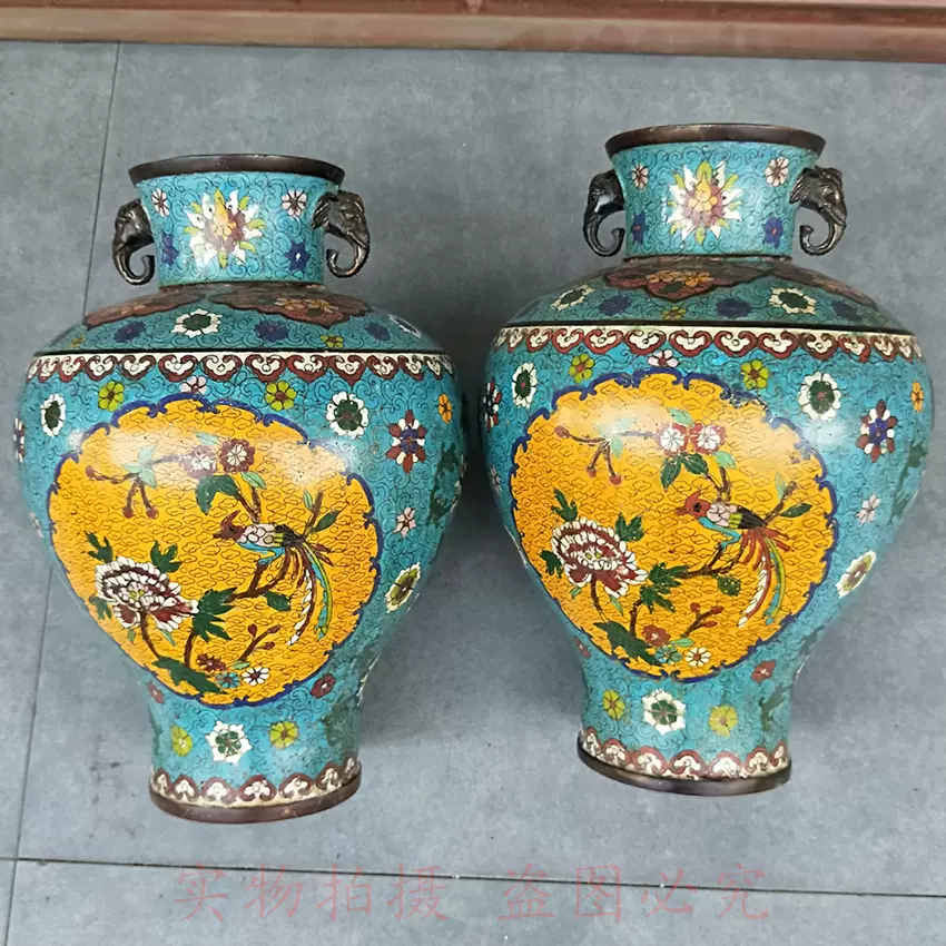 古董旧货清代乾隆年制掐丝珐琅彩铜花鸟瓶景泰蓝铜花瓶摆件一对-Taobao