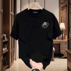 Chinese Style Yin-Yang Tai Chi Pure Cotton Short-Sleeve T-Shirt, Eight Trigrams Round Neck Half-Sleeve Versatile Top for Men and Women, Can Be Worn Inside or Outside, Trendy