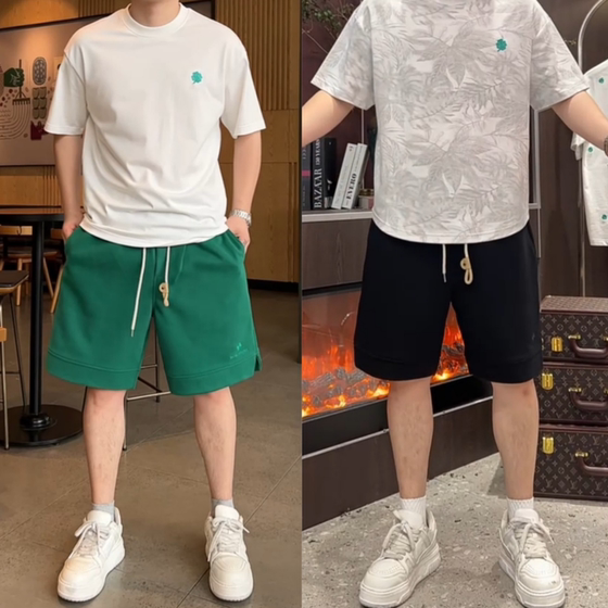 Summer new dopamine four-leaf clover embroidered three-quarter pants, loose and trendy men's fashionable and versatile comfortable shorts