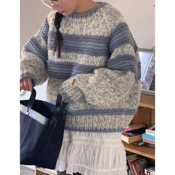 Korean chic winter sweet age-reducing round neck loose heavy thick line warm long-sleeved striped sweater for women