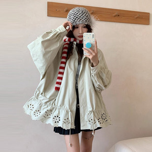 
Korean chic autumn French design stand-up collar hollow jacquard loose casual drawstring long-sleeved windbreaker jacket for women