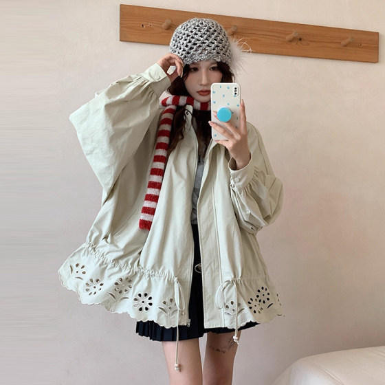 
Korean chic autumn French design stand-up collar hollow jacquard loose casual drawstring long-sleeved windbreaker jacket for women