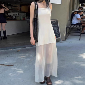 
Liangliang Home Stitching Perspective Mesh Sling Dress for Women's Spring and Summer New French High-end Slim Base Skirt