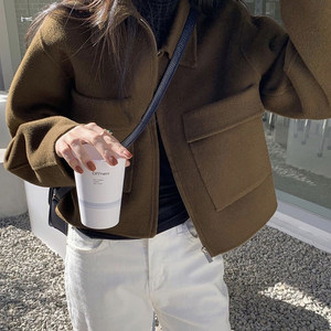 
Korean chic autumn and winter retro style lapel zipper double pocket loose versatile long-sleeved short woolen jacket