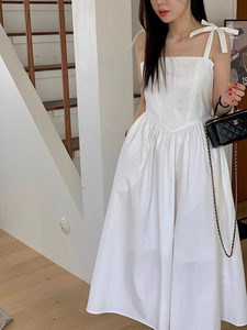 Korean chic summer niche design, bow tie, high waisted, slim, medium length suspender dress for women