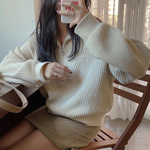 Korean chic autumn lazy style lapel zipper pit stripe design, loose and versatile bubble sleeve knitted sweater for women