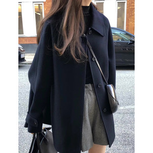 Korean chic winter French temperament lapel single-breasted loose mid-length versatile solid color long-sleeved woolen jacket
