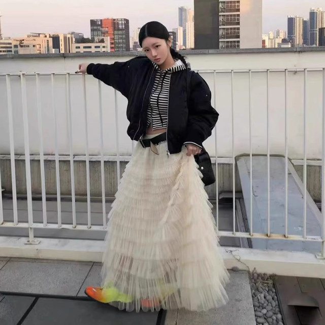 Korean chic summer new sweet and fashionable A-line fairy cake skirt high waist slim mesh skirt long skirt
