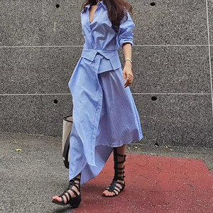 
Liangliangjia irregular striped shirt-style dress for women in spring and summer new niche design feel waist-hugging layered long skirt