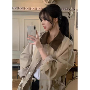 
Liangliang's contrasting color lapel drawstring windbreaker jacket for women's spring new retro niche pocket casual jacket top