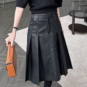 Korean chic autumn retro fashionable high waist double pocket casual versatile pleated black PU skirt leather skirt for women