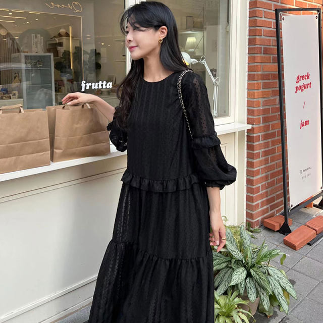 South Korea Chic Autumn Elegant Temperament Round Neck Heavy Industry Hollow Lace Hook Flower Staggering Corporal long -sleeved dress