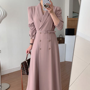 Liangliang Family Spring French Elegant Suit Collar Double breasted Lacing Waist Solid Color Long Windbreaker Dress for Women