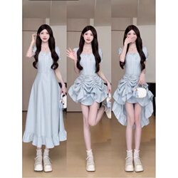 French-Style Sexy Square-Neck Short-Sleeve Dress for Women, New Summer Design, Can Be Worn in Three Ways, Waist-Cinching Slimming Long Dress