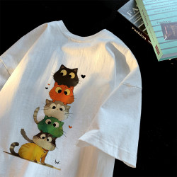 Overseas Orders, Export Surplus, Clearance Sale~ Cute Cat Heavyweight Pure Cotton Short-Sleeve T-Shirt, Trendy Brand Top for Men and Women