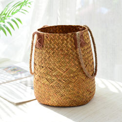 Rustic Rattan Flower Basket, Hand-Woven Straw Flower Pot, Nordic Living Room Decoration, Bamboo Woven Straw Dried Flower Arrangement Vessel