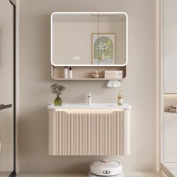 Thickened Honeycomb Aluminum Bathroom Cabinet Set with Integrated Ceramic Basin, Small Apartment Cream-Style Bathroom Washbasin and Vanity