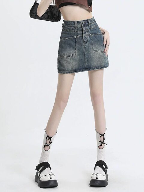 Anti-exposure high-waist denim skirt for women in summer thin Hong Kong-style hot girl slim straight A-line hip short skirt