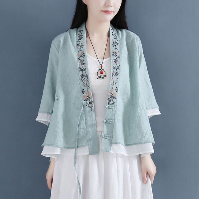 Tang clothing embroidery literary retro cotton and linen top female plate buckle tea clothing sunscreen shirt Chinese Hanfu cardigan fake two pieces
