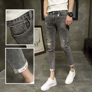 Internet celebrity trendy brand ripped nine point jeans for men in spring, Korean version, trend, slim fit, spirit, young man's small leg pants, versatile