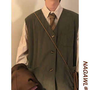 
NAGAWL2025 autumn American retro college style solid color versatile V-neck cardigan vest top men and women trendy
