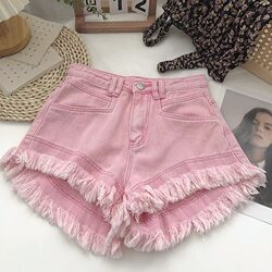 Dopamine Pink Denim Shorts for Petite Women, Loose Wide-Leg Hot Pants, Niche Summer 2026 Trending Frayed Edge