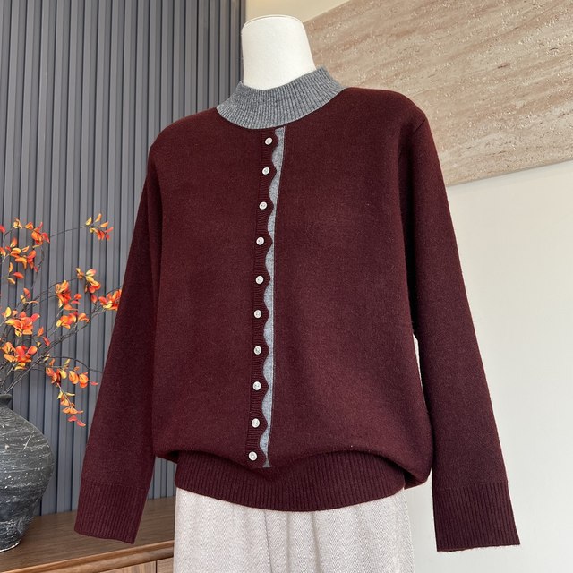 New autumn and winter mother's clothing knitted half turtleneck top with middle-aged and elderly women's all-in-one velvet warm sweater
