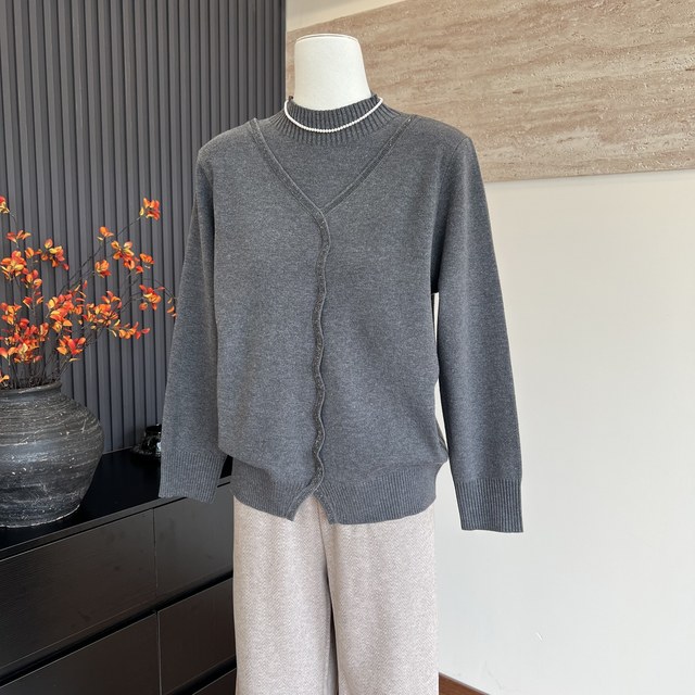 New mother's clothing autumn knitted sweater top fake two pieces with fashionable and foreign style half turtleneck sweater for middle-aged and elderly women