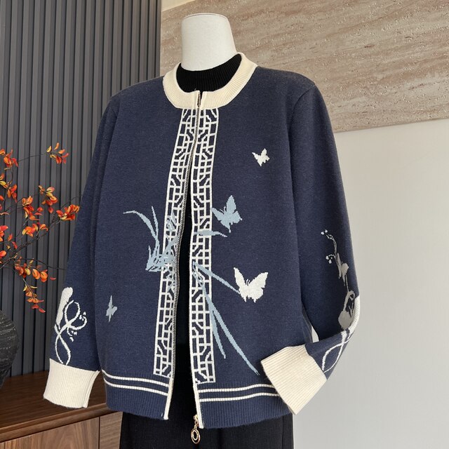 New Chinese style mother's clothing autumn knitted cardigan top zipper long sleeve middle-aged and elderly women's round neck fashion versatile jacket