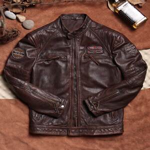
Tea core two-color first-layer cowhide motorcycle leather jacket, washed distressed jacket, classic stand-up collar, retro men's genuine leather jacket