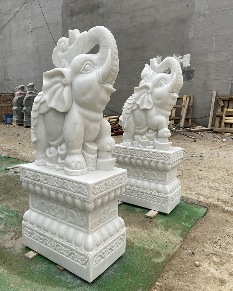 象の石彫刻 大理石 大理石象のペア - 新しい中国風石彫り
