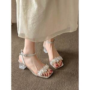 
Gentle square-toe French open-toe sandals, one-line crystal high-heeled sandals, fairy style with skirts, fashionable sandals