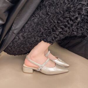 
Temperament thick heel back empty Mary Jane shoes for women 2025 new style with skirt women's shoes medium heel pointed toe French shallow sandals