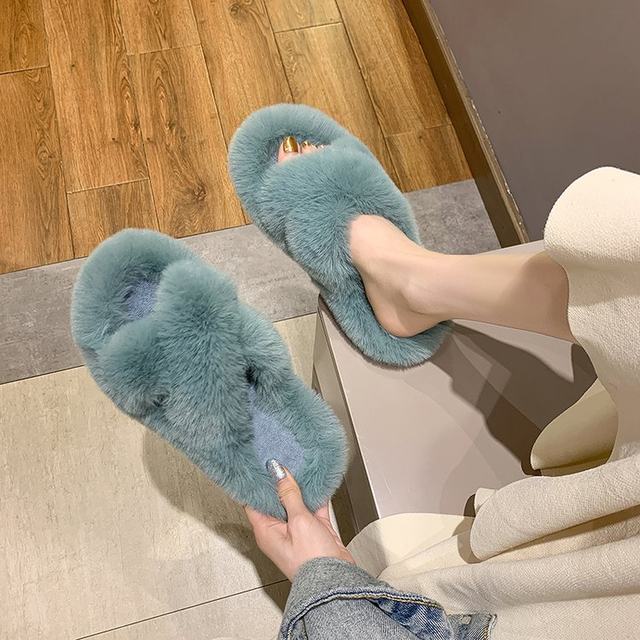 Fairy Cross Furry Slippers Women's 2025 Autumn and Winter New Furry Outerwear Home Thick Sole Large Size Cross Cotton Shoes