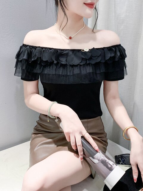 French Clavicle Square Collar Tops Women High Waist Croped Top Short Sleeve T-shirt Female