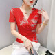 Temperament tie -dyeing T -shirts Female short -sleeved summer new sexy V -neck net gauze crotch
