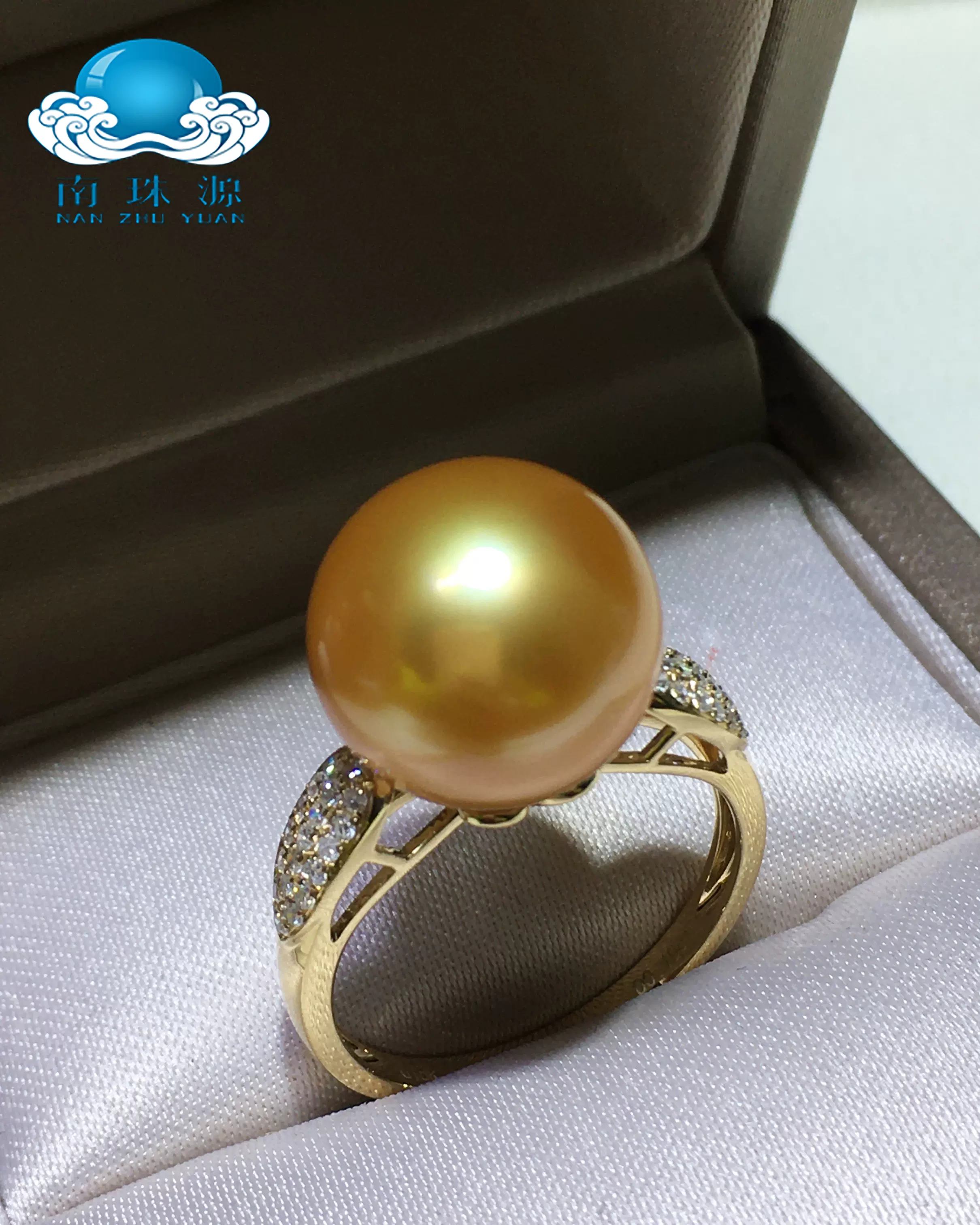南珠源进口南洋金珠戒指18K金钻石海水珍珠戒指正圆无瑕强光轻奢-Taobao 