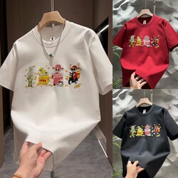 New Men's Casual Short-Sleeve Embroidered Red T-Shirt with the God of Wealth Design for the Zodiac Year, Thickened Half-Sleeve Trendy Unisex T-Shirt