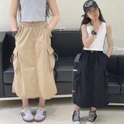 Girls Tooling Skirt Summer Style Drawstring Mid-length Slit Skirt Medium And Big Children Korean Style Casual Sports Skirt A-line Skirt