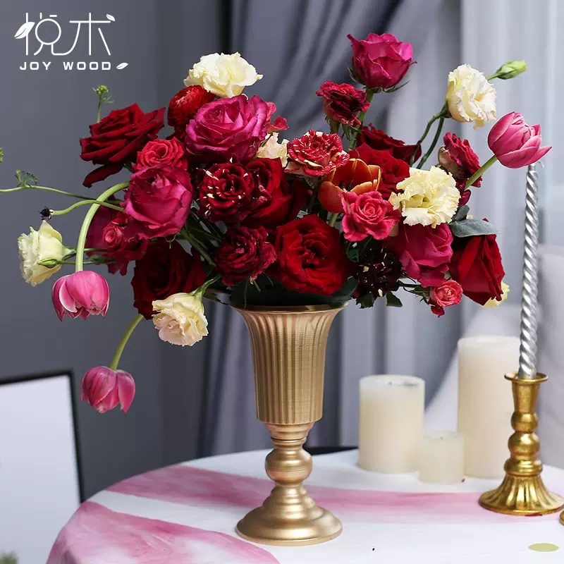 悦木欧式复古金色花器婚庆花艺课沙龙宴会桌花花翁高脚杯铁艺花器 Taobao