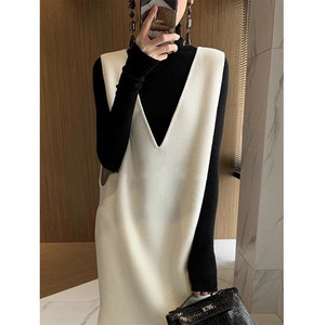 Double-sided cashmere wool dress for women v-neck sleeveless slim commuting spring and autumn fashionable A-line vest vest skirt
