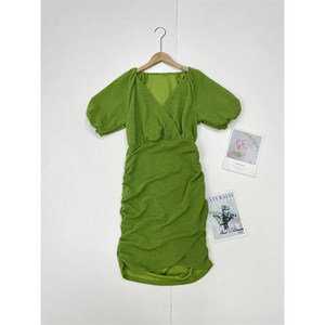 
B2 Shining Silk ~ Foreign Singles 24 Summer New Style Women's Puff Sleeve V-neck Pullover High Waist Covered Hip Dress