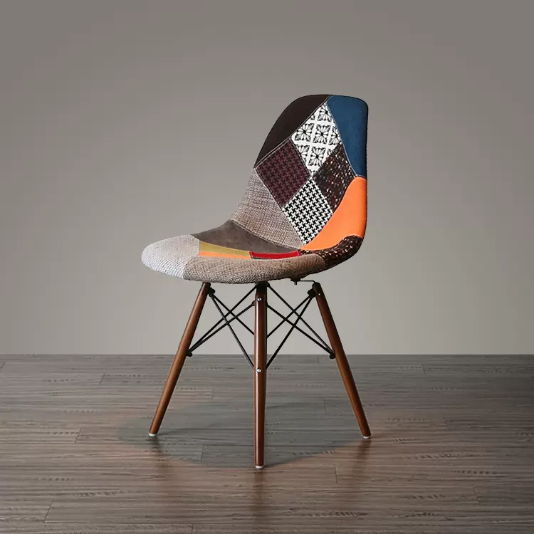 现代简约家用餐椅创意北欧实木椅子靠背花布拼接休闲咖啡厅