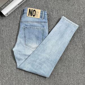 
Spring and Autumn Washed Light Blue Jeans Men's Trendy Elastic Slim Small Feet Simple Versatile Thin Nine-Point Pants