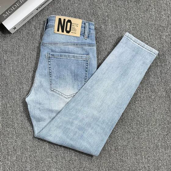 
Spring and Autumn Washed Light Blue Jeans Men's Trendy Elastic Slim Small Feet Simple Versatile Thin Nine-Point Pants