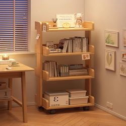 Solid Wood Bookshelf, Floor-Standing Storage Rack, Multi-Layer Storage Cabinet, Integrated Wall-Mounted Children's Picture Book Storage Rack, Movable Bookcase