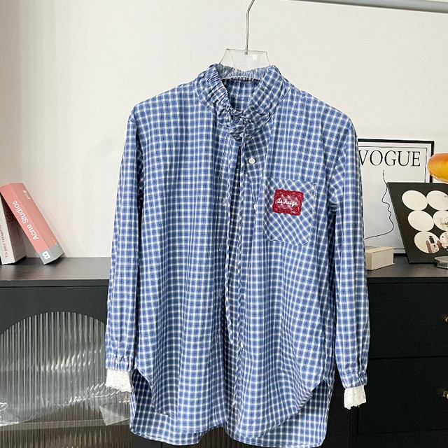 
le rouge Zhou Meimei Retro Academy Blue and White Plaid Lace Spliced ​​Label Drawstring Stand Collar Sunscreen Shirt